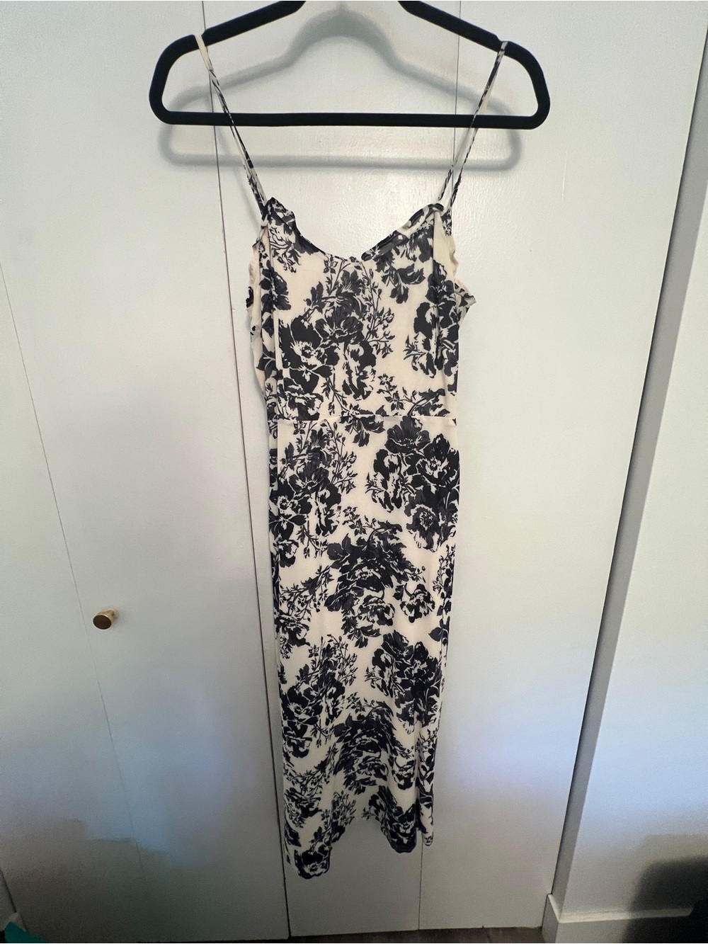 Reformation Cream Slip Dress with Navy Floral Print